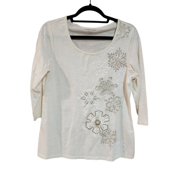 Coldwater Creek Womens Embellished Cream 3/4 Sleeve Top Size S - Picture 1 of 4